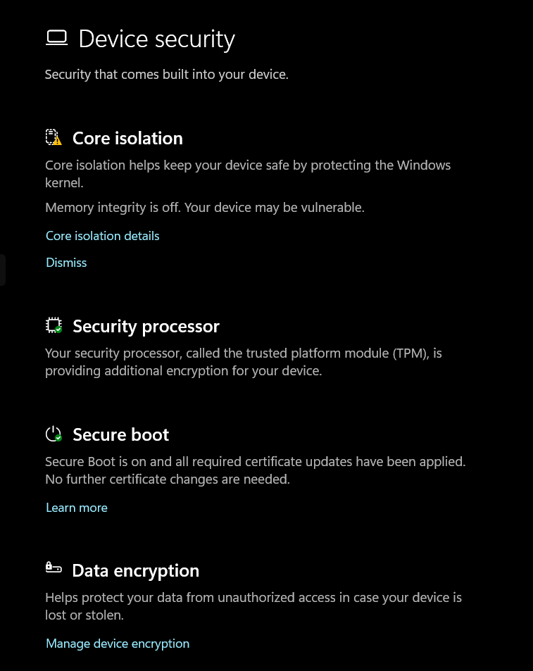 Windows Security Device security page showing Core isolation, Security processor (TPM), Secure Boot, and Data encryption