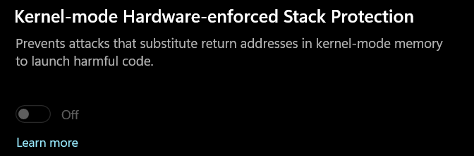 Kernel-mode Hardware-enforced Stack Protection toggle