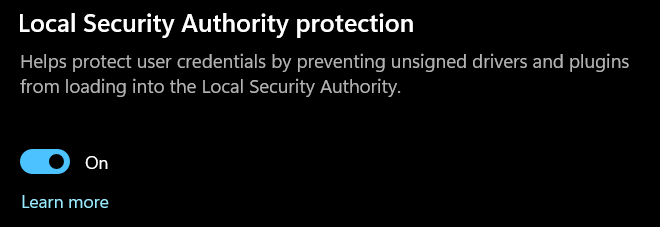 Local Security Authority protection toggle, shown switched on