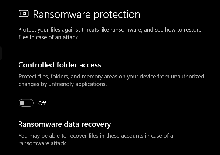 Ransomware protection in Windows Security, with Controlled folder access switched off