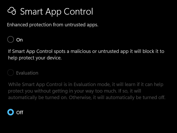 Smart App Control settings page showing On, Evaluation, and Off options