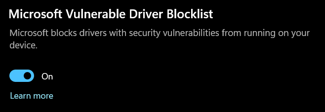 Microsoft Vulnerable Driver Blocklist toggle, shown switched on